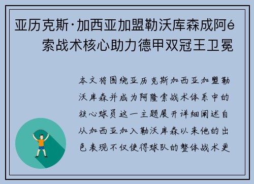 亚历克斯·加西亚加盟勒沃库森成阿隆索战术核心助力德甲双冠王卫冕 亚历克斯·加西亚加盟勒沃库森成阿隆索战术核心助力德甲双冠王卫冕